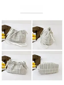 Mehrere Ansichten einer Tweed-Umhängetasche mit Kordelzug und Leder-Schultergurt