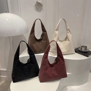 Women Large Capacity Leopard Print Tote Bag Vintage Suede Shoulder Bag For Commuting Fashion Casual Stitching Hobo Handbag