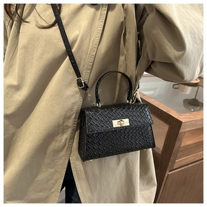 Close-up of black textured square crossbody bag with gold turn-lock and top handle