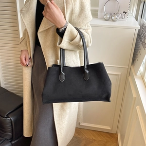 Sac fourre-tout rétro en daim noir avec bordures en cuir, grande capacité pour femmes chic
