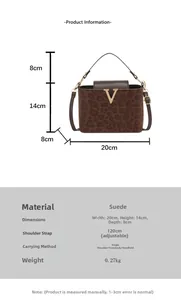 Detailed size chart for brown leopard print handbag with V-shaped metal buckle and strap