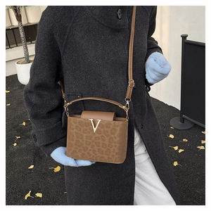 Détail d'un sac léopard avec boucle en métal V sur fond de rue en automne