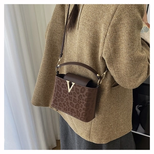 Détail du sac boîte en daim à motif léopard avec boucle en V dorée et texture