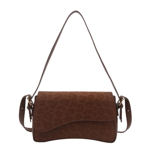 Brown leopard pattern shoulder bag with golden hardware and unique wave edge flap design