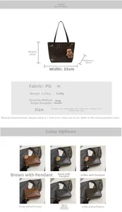 Size chart for large PU leather tote bag detailing 35cm width and 25cm height specs