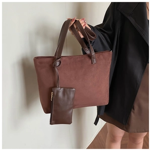 Deep coffee suede tote bag set with matching small pouch and leather handle details
