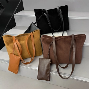 Three-color faux suede tote bag set with wide straps and matching mini pouches