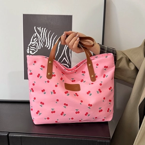 Mode Damen Kirschdruck Tragetasche Nylon Lässige Handtasche Mit Ledergriffen Niedliche Schulter Einkaufstasche Für Den Alltag