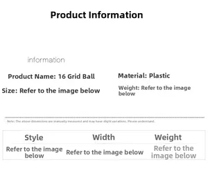 Detailed specifications chart for plastic Christmas tree ball ornaments in 16-grid box