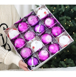 Detail of 16-piece purple and white Christmas balls set with snowflake and deer patterns