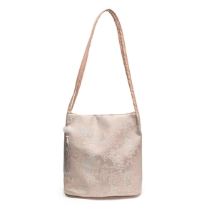 Sac fourre-tout jacquard champagne élégant avec broderie chinoise et pompon en soie soyeux