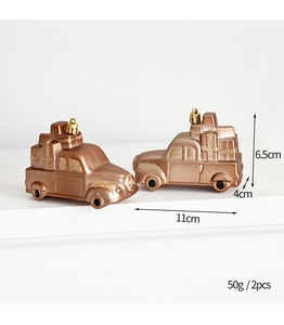 Detail of vintage car Christmas ornaments with gift boxes, bronze finish, 11x4x6.5cm