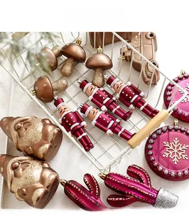 Detailed view of assorted Christmas ornaments including nutcracker and mushroom figures