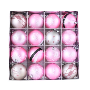 16-piece pink and white Christmas ball ornament set with glitter patterns in silver box