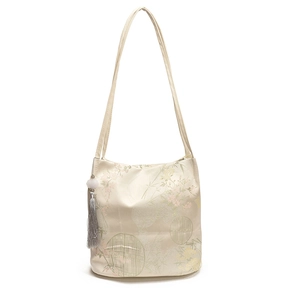 New Chinese style shoulder bag with pink plum blossom embroidery and grey silk tassels