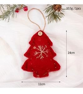 Red felt Christmas tree ornament with white snowflake embroidery and wood button detail
