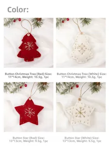 Detail view of wool felt Christmas tree and star ornaments with wood buttons and twine