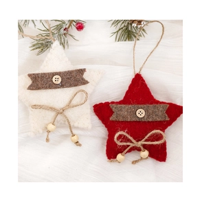 Detail of wool felt star Christmas ornaments with wooden buttons and natural jute rope