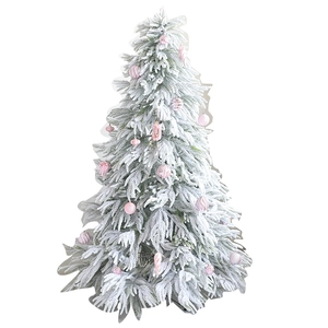 Tall 1.8m snow-covered artificial Christmas tree decorated with elegant pink ornaments