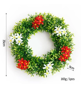 Detailed view of 35cm eucalyptus wreath with red and white flowers and dimensions