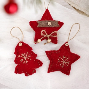 Red wool felt Christmas ornaments set with star and tree shapes featuring wooden buttons