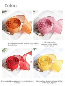 Detailed view of 5cm faux linen ribbons in orange pink red and yellow colors