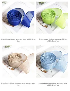 Detailed grid view of 5cm wide colorful faux linen ribbons in blue, green and natural tones