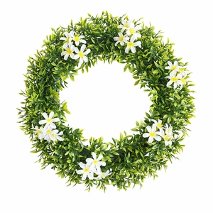 Couronne de verdure printanière avec fleurs blanches et oreilles de lapin pour décor