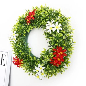 Spring eucalyptus wreath with red and white artificial flowers for home door decoration