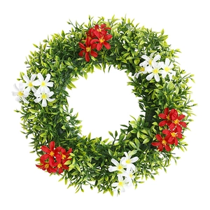 Spring artificial eucalyptus wreath with colorful red and white flowers for door decoration