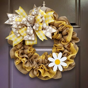Rustic burlap door wreath with yellow daisy floral bow for Easter and Bee Festival decor
