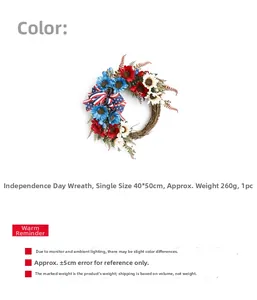 Independence Day wreath detail with faux sunflowers, star-striped bow, 40x50cm, 260g