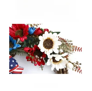 Detail of USA Independence Day wreath with sunflowers, red berries and stars stripes ribbon