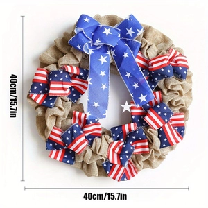 Macro detail of 15.7 inch July 4th patriotic wreath with burlap and flag ribbons