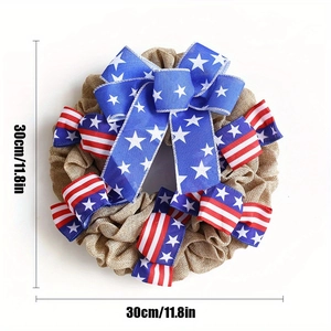 Detail of 30cm July 4th burlap wreath with patriotic stars and stripes ribbon bow