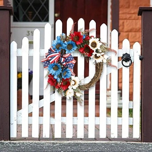 American flag wreath with red white and blue sunflowers on a natural vine base