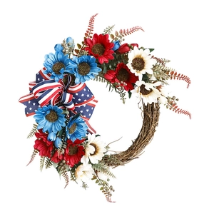 Patriotic July 4th front door wreath with red white blue flowers and American flag bow