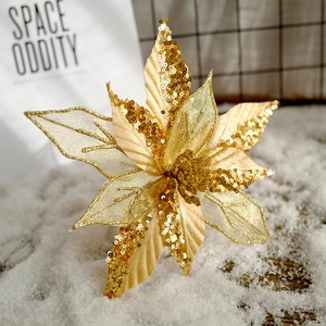 Goldene Weihnachtsblume mit Pailletten, geprägtem Stoff und Glitzer-Netz-Blütenblättern