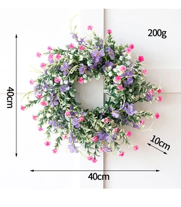 Detail view of 40cm purple wildflower wreath with specifications on white background