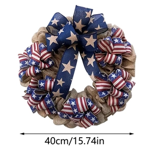 Detail view of 15.74in patriotic burlap wreath with American flag ribbon and large bow