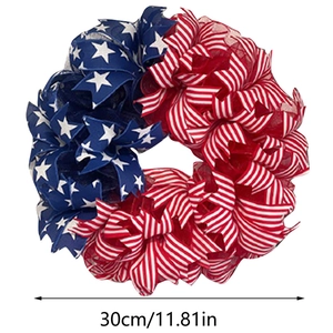 Detail view of 30cm American Independence Day wreath featuring red white and blue ribbons