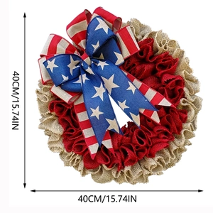 Detailed view of patriotic mesh wreath with bow, showing 40cm/15.74in dimensions