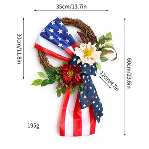 Detail of patriotic July 4th wreath with flag ribbons and large faux flowers