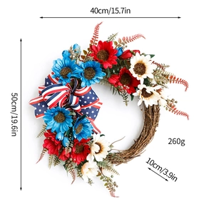 Detailed dimensions of patriotic wreath with sunflowers and American flag bow