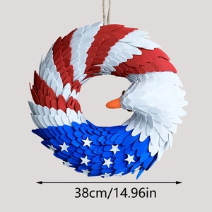Detail of 4th of July eagle wreath showing red white blue feathers and 14.96 inch size