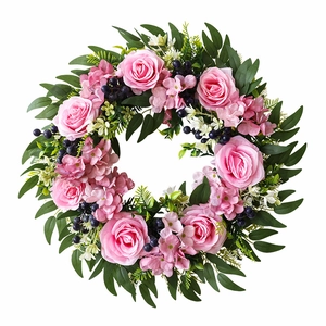 Pink rose and eucalyptus flower wreath with hydrangea and berries for home decor