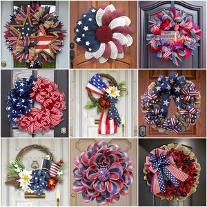 Patriotic Independence Day Wreath Red White Blue Stars Stripes Burlap Bow Front Door Wall Hanging Ornament Festival Decoration
