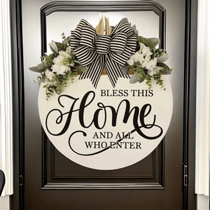 Rustic Round Wooden Door Hanger Bless This Home Welcome Sign With Bowknot Artificial Greenery Plants For Front Door Decor