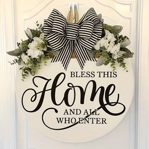 Wooden HOME welcome wreath sign for front door with green leaves and striped bow decor