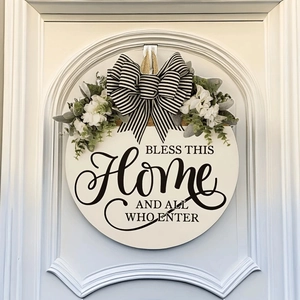 Round wooden Home sign with black-white bow and white flowers for front door decor